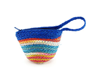 close up single colorful small textile woven purse with handle isolated on white background,...