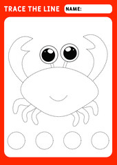 Funny little Crab. Educational children game. Preschool worksheet for practicing fine motor skills - tracing dashed lines. Tracing Worksheet. Illustration and vector outline - A4 paper 
