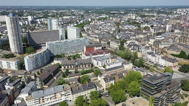 Panoramic view of Rennes city with modern apartment buildings , administrative center of Brittany region, France. High quality 4k footage