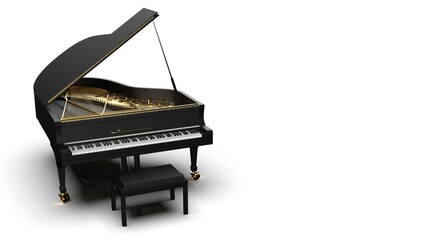 Black-Gold Grand Piano under white background. 3D illustration. 3D high quality rendering. 3D CG.