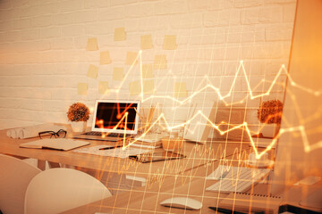 Multi exposure of stock market chart drawing and office interior background. Concept of financial...
