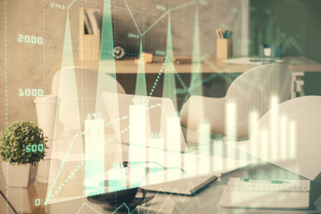 Double exposure of stock market graph drawing and office interior background. Concept of financial analysis.