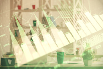 Double exposure of stock market graph drawing and office interior background. Concept of financial analysis.