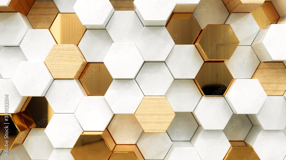 Fototapete abstract white luxury background with golden hexagons. 3d rendering.
