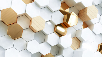 Abstract white luxury background with golden hexagons. 3d rendering.
