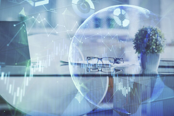 Double exposure of financial graph drawing and office interior background. Concept of stock market.
