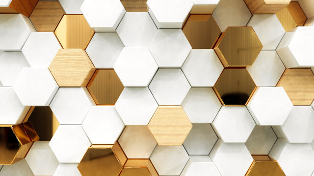 Fototapeta Abstract white luxury background with golden hexagons. 3d rendering.