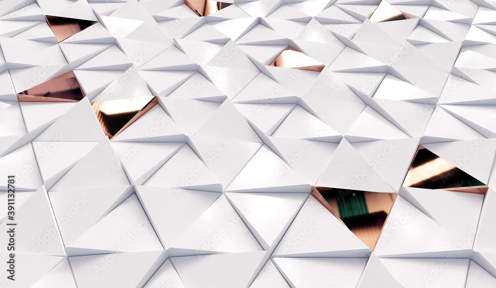 Wall mural abstract triangular luxury background with white and golden triangles. geometric 3d rendering