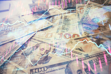Multi exposure of forex chart drawing over us dollars bill background. Concept of financial success markets.