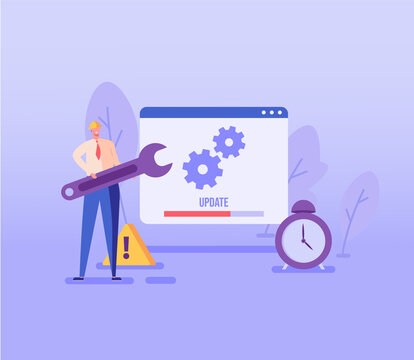 User updating operation system with progress bar. Software upgrade and installation program. Concept of system update, integration, software installation. Vector illustration for UI, mobile app