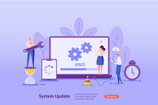 People updating operation system with progress bar. Software upgrade and installation program. Concept of system update, integration, software installation. Vector illustration for UI, mobile app