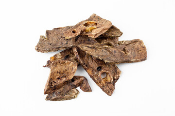 dried tendons of beef, lamb, pork, deer dog treats on white background