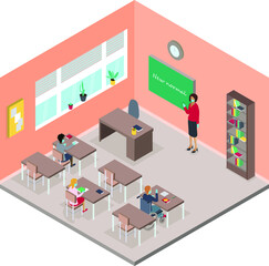 Back to school for new normal lifestyle.Social distancing in class room . Prevention tips infographic of coronavirus 2019. Boy and girl wearing mask sitting on the desk. Isometric 3d illustration.