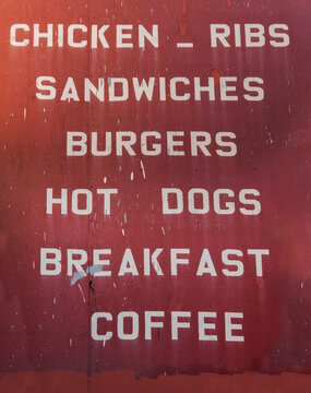 Simple, Sparse Small Town Diner Sign Featuring The Usual Breakfast And Lunch Menu Items.