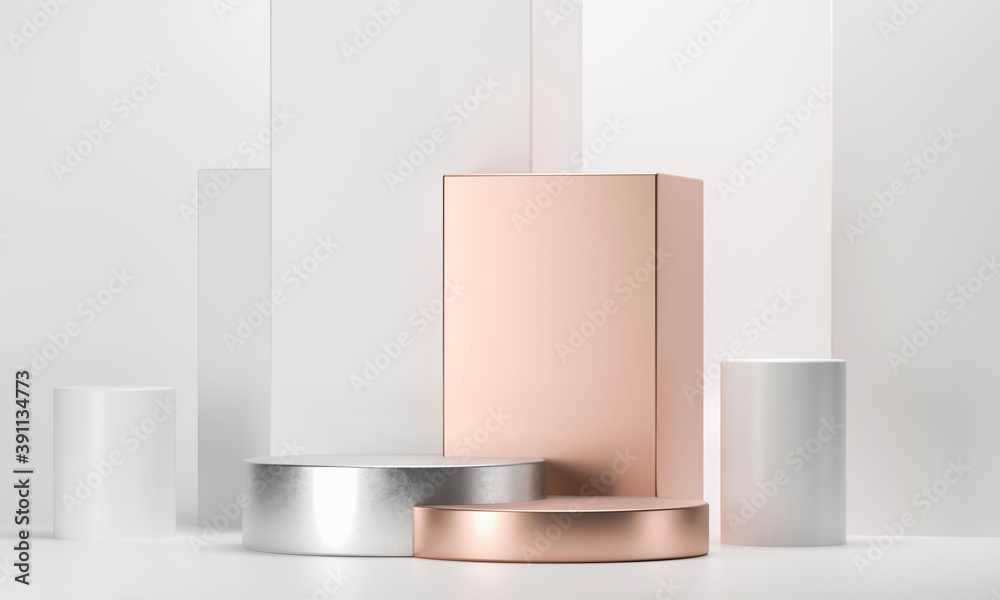 Poster 3d rendering round podium geometry with gold elements. abstract geometric shape blank podium. scene 