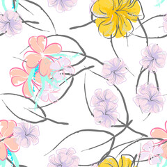 Pink Flowers Blooming Pattern. Pastel Watercolor.