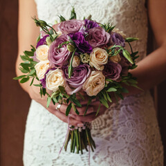 young beautiful bride in white dress holding wedding bouquet, bouquet of bride from rose cream spray, rose bush, rose purple Memory Lane, violet eustoma, eucalyptus .