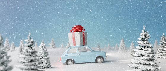 Car Carrying Christmas Gifts In Snowy Landscape. Winter Holidays Background 3d render 3d illustration