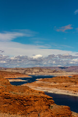 The Colorado river cuts through the rugged desert landscape of limestone rock, Page, AZ