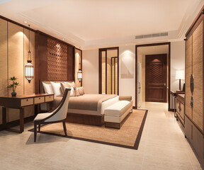 3d rendering luxury tropical bedroom suite in resort hotel with wardrobe