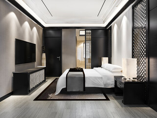 3d rendering luxury modern bedroom suite in hotel with chinese style decor