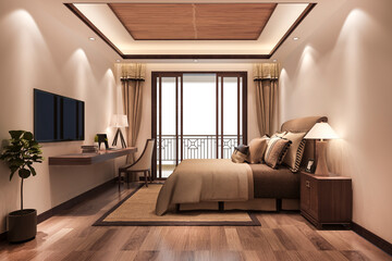 Fototapeta premium 3d rendering beautiful minimal luxury asian bedroom suite in hotel with tv