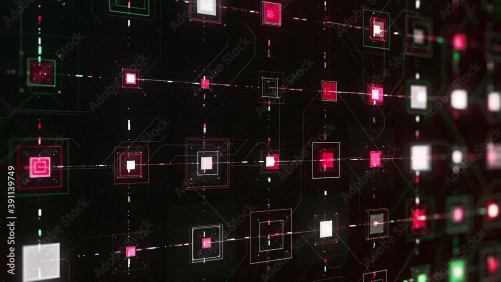 Poster abstract digital screen with many buttons, complex dashboard of a computer. animation. square shaped