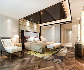 3d rendering beautiful luxury bedroom suite in hotel with working table near bathroom