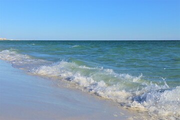 View of the Gulf Coast from the shore, green ocean, wave and wet sand, blue sky