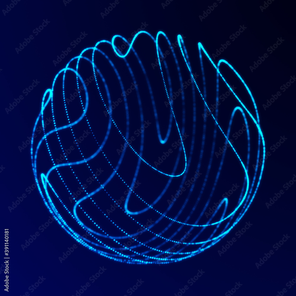 Poster abstract 3d sphere. sphere with twist lines. glowing lines twisting logo design. outer space object.