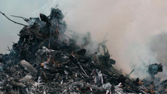 Pile of gray ash on which small orange flame burns out and someone turns remains of burnt with pitchfork and wind blows fire harder and it ignites and dense smoke rises into the air on a cloudy day