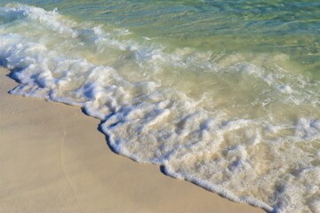 Fototapeta na wymiar Ocean green wave, white wave foam and wet beach sand, close up