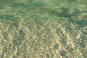 Small green waves near the shore of the ocean, the bottom is clearly visible through the clear water, close shooting
