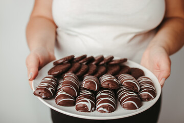 Weight loss, overweight, diet, unhealthy eating. Fat woman with plate of chocolate cookies