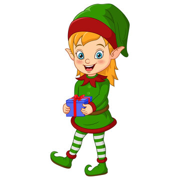 Cartoon Christmas elf holding a gift