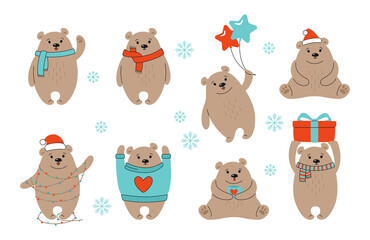 Fototapeta premium Christmas brown bear cartoon set. Hand drawn grizzly, cute vector bears with red hat, gift, balls or garland. New Year animal mammals in different poses. Funny celebrate doodle animals winter