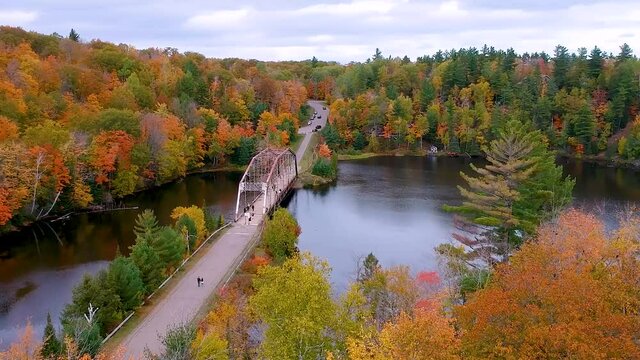 Aerial shot of old 510 bridge during autumn time in Michigan upper peninsula near Marquette city.