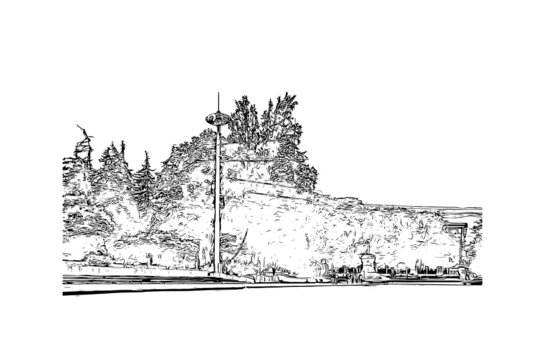 recommend clip art: Building view with landmark of Chisinau is the capital of Eastern Europe's Republic of Moldova. Hand drawn sketch illustration in vector.
