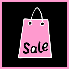 Vector illustration of package for the store with inscription Sale. Hand drawn outline color design element in doodle style isolated. For Black Friday, discounts, shops, shopping centers