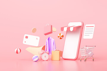 3D Online shopping on smartphone concept, floating shopping items, online buying, and online payment