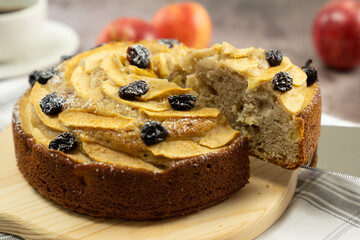 Homemade round apple cinnamon cake or bread with dried cranberries