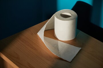 A roll of toilet paper on a shelf in beautiful sunlight coming from the window