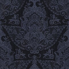 Seamless patterned denim jean for repeat print. High quality illustration. Grungy trendy street wear design. Real detailed denim texture with damask pattern overlay. Navy blue deep dark colors.