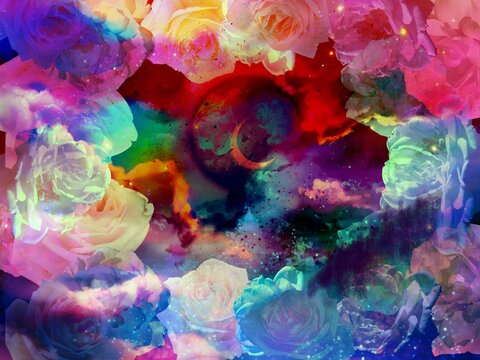 Background of crescent moon behind colorful roses