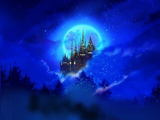 Silhouette of European beautiful castle and blue full moon and northern forests in starry night