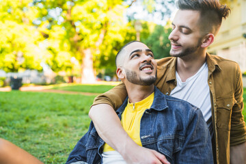 Gay couple spending time together at the park.