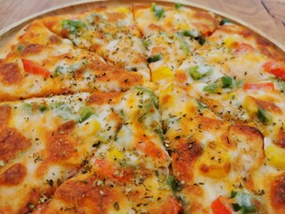 Hot pizza, stretched cheese, tomato, ham sausage, delicious snack.