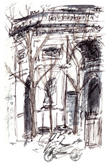 Arc de Triomphe in Paris, graphic black and white drawing, travel sketch
