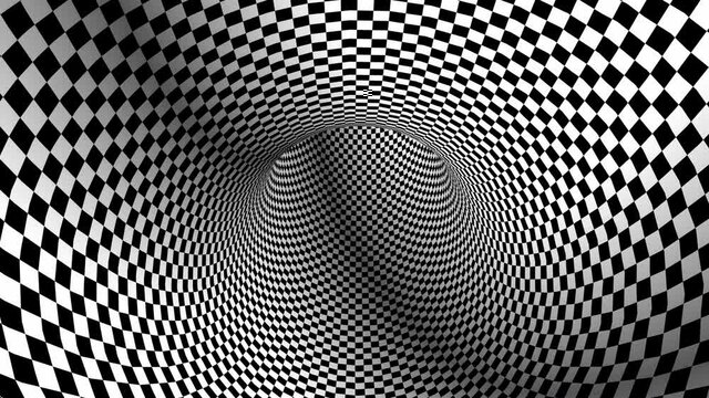 Optical illusion hypnotic black and white wormhole. Tunnel vortex checkerboard background. Checkered wormhole rotating. Checkerboard moving. Seamless loop 4k.