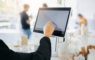 Close-up of hand young asian woman use digital tablet to receive orders from customers